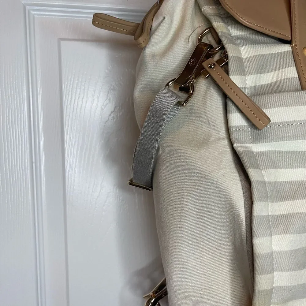 Skip Hop High line convertible Diaper Bag Beige & gray canvas tan leather straps